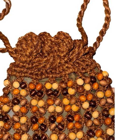 Vintage Beaded WALBORG Brown Wood Bead Women Purse Bag Fringe Handmade In Japan - Picture 3 of 12